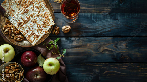Passover Seder plate with flatbread matza Torah kippah photo