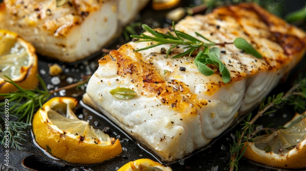 Grilled Halibut Fillets With Lemons and Herbs on a Black Pan Grilled Halibut Fillets With Lemons and Herbs on a Black Pan