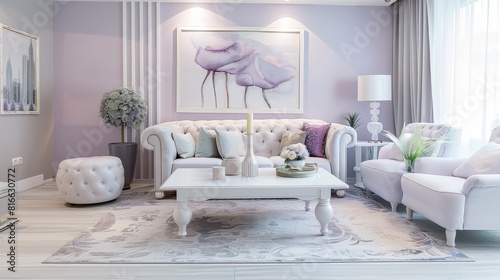 Elegant Living Room with Soft Purple Accents and Modern Furniture in a Contemporary Style  Featuring Lavender Purple and Light Gray for a Calm and Inviting Home Space