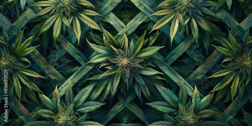 Cannabis plants arranged in a lattice pattern, viewed from above, emphasizing symmetry and order. photo
