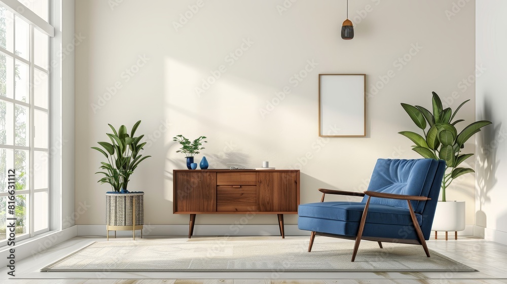 Fototapeta premium Minimalist Living Room with Teal Chair and Wooden Furniture in a Modern Style, Featuring Teal Blue and Light Wood for a Calm and Inviting Home Interior