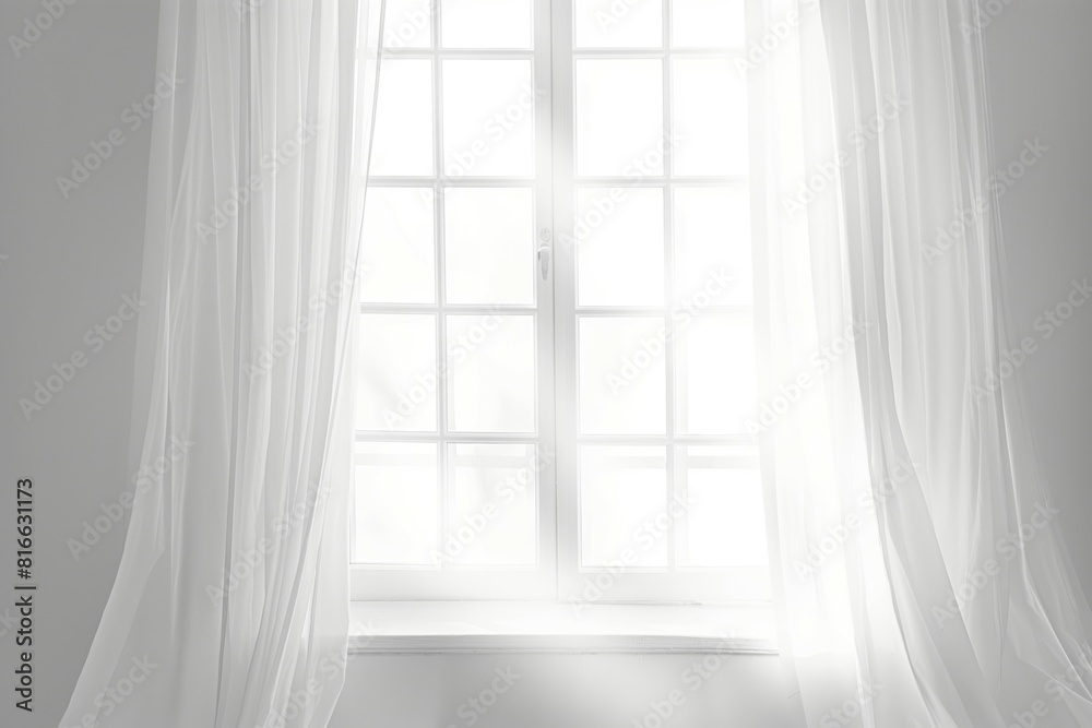 Bright white curtains fluttering by window Bright white curtains fluttering by window