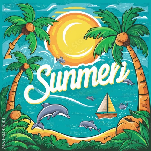 Stylish vector art series of summer posters. Beautiful beach scene with palm trees, a boat, and dolphins jumping out of the water.