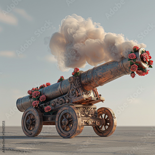 Ceremonial cannon firing a salute with digital roses blooming from the smoke in a hyper-realistic 3D model for Memorial Day. photo