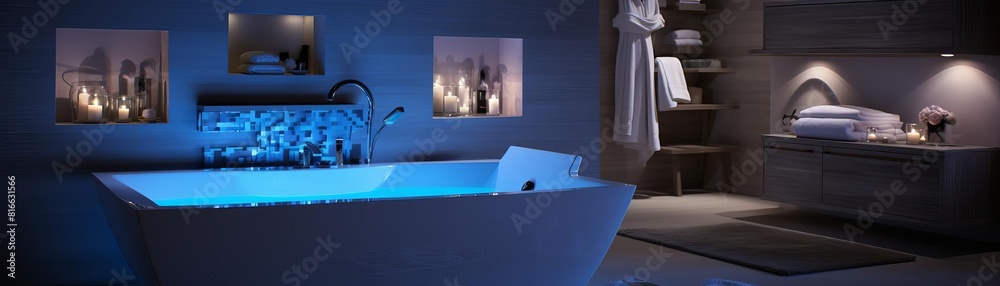 Luxury bathroom interior with blue bathtub and mosaic