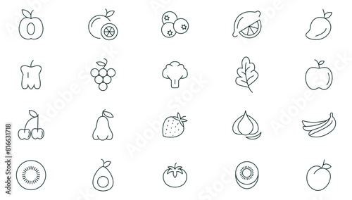 Fruits and berries line icons collection. Orange banana melon apple, blueberry, pineapple pomelo, kiwi peach, fig kiwi fresh fruits icon pack. Thin outline icons.