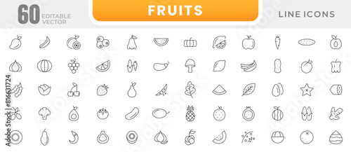 Fruits and berries line icons collection. Orange banana melon apple, blueberry, pineapple pomelo, kiwi peach, fig kiwi fresh fruits icon pack. Thin outline icons.