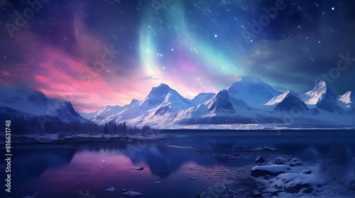 majestic aurora borealis over snowcapped mountains © FlyingWeed_AI