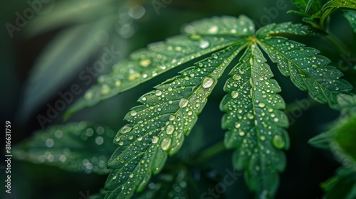 Close-up of a cannabis leaf with morning dew droplets