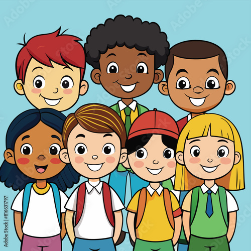 Cartoon illustration of different school kids. Different ethnicity school kids