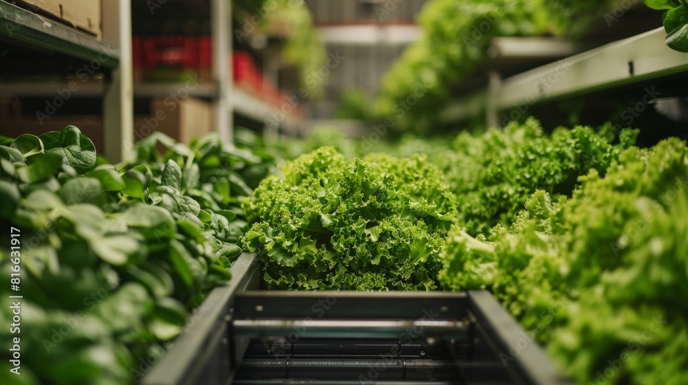 Close-up of a conveyor belt moving organic vegetables for packaging and export Close-up of a conveyor belt moving organic vegetables for packaging and export