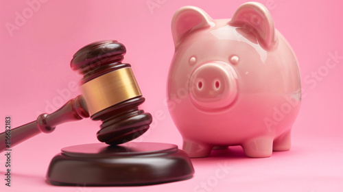 Piggy bank with judge gavel and money on pink background