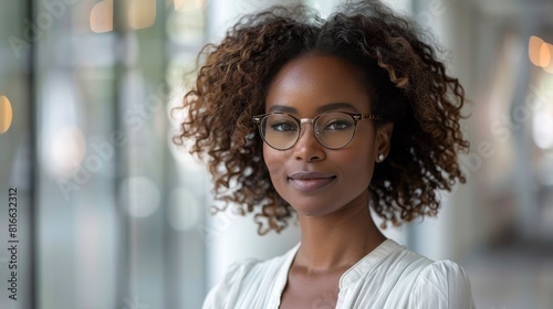 A woman with curly hair is wearing glasses and smiling