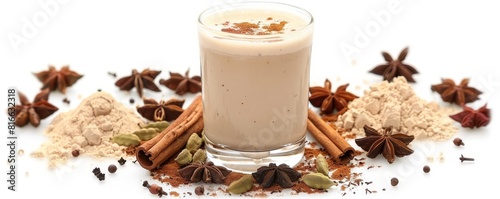 Cold chai in a tall glass, garnished with a cinnamon stick and cardamom pods, exotically spiced and isolated on a white background