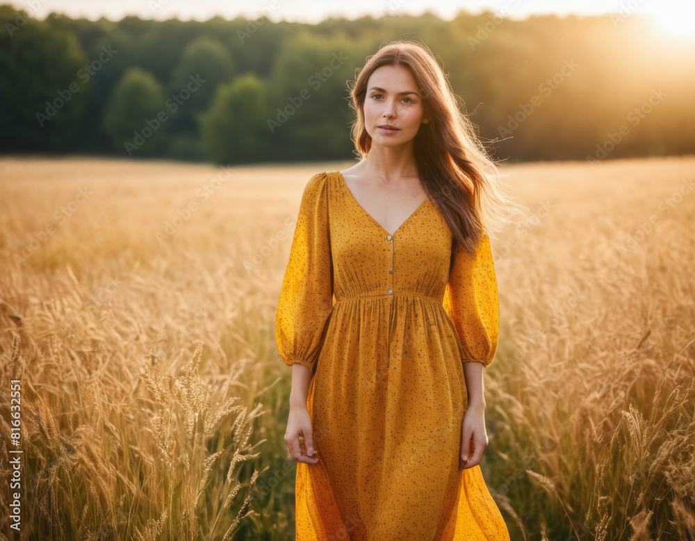 Obraz premium Woman in loose dress standing in the sunlight in meadow