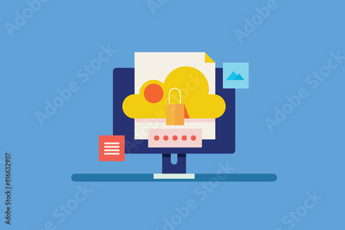 Cloud computing security, Document in secure cloud server, Cloud hosting service, cloud computing cybersecurity, vector illustration with icons