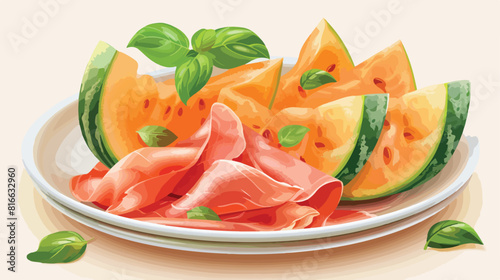 Plate with tasty melon prosciutto and basil on light