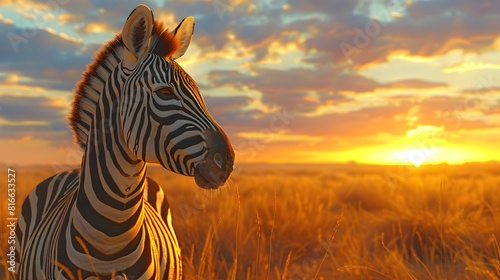 Majestic Zebra Silhouetted Against a Breathtaking Sunset Sky in a Serene African Savanna Landscape