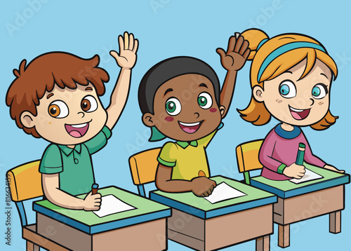 children sitting at school desk and hand up to answer.pupil raising hand in class