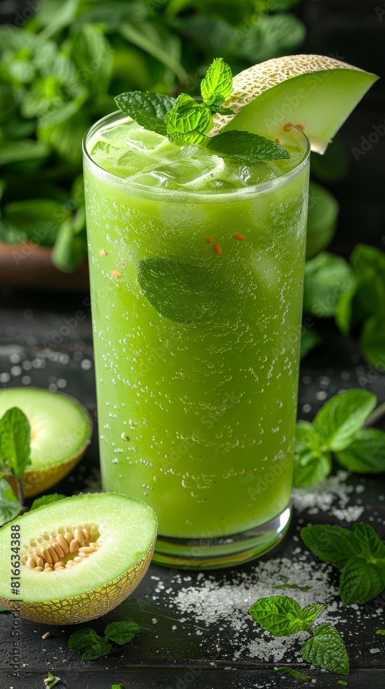 Honeydew melon smoothie, tall glass with slice, refreshing and sweet, white background setting Honeydew melon smoothie, tall glass with slice, refreshing and sweet, white background setting