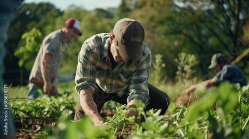 Evocative scenes of researchers meticulously assessing crops on an organic farm, representing the pursuit of excellence in agricultural practices.