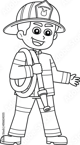 Firefighter Carrying a Fire Hose Isolated Coloring