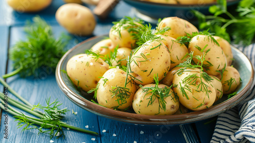 Plate of boiled baby potatoes with dill and parsley on photo