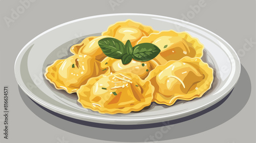 Plate with tasty ravioli on grey table Vector style vector