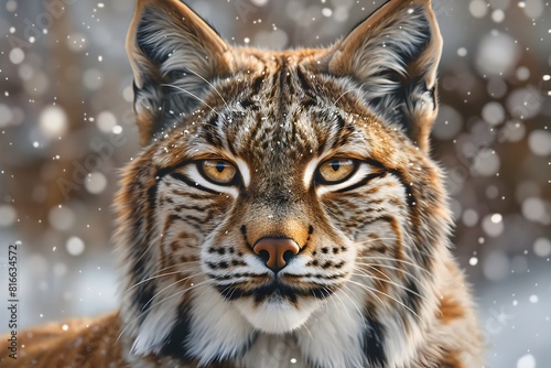 Majestic Lynx Gazing Amidst Softly Falling Snowflakes in Detail