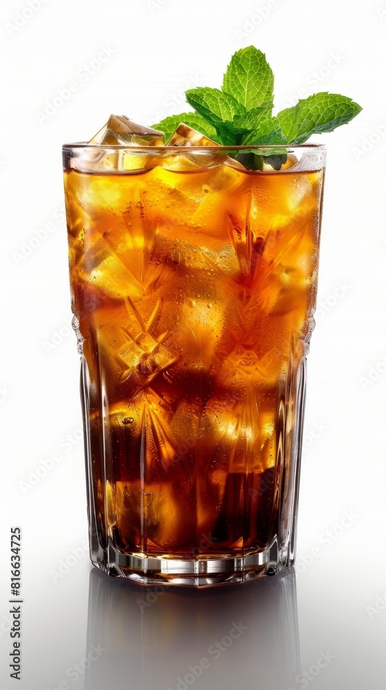 Iced mint tea in tall glass, garnished with fresh mint leaves, beautifully refreshing and aromatic on a white background Iced mint tea in tall glass, garnished with fresh mint leaves, beautifully refreshing and aromatic on a white background