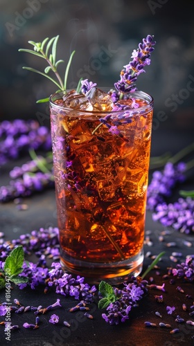 Iced lavender tea in tall glass with fragrant lavender sprigs, isolated on a white background