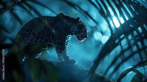 Powerful Jaguar Silhouette Prowling in Moonlit Jungle Shadows photo