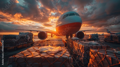 Loading of goods on board a cargo plane, airport. Business logistic concept, import and export concept photo
