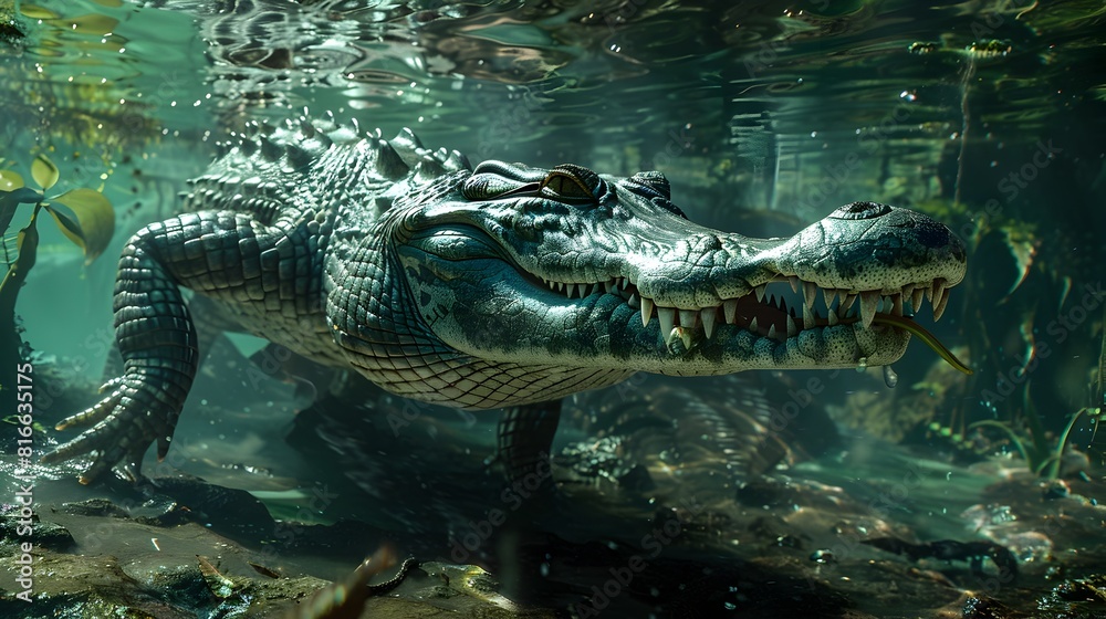 Obraz premium Powerful Alligator Dominates Watery Habitat in Intricate CGI Masterpiece