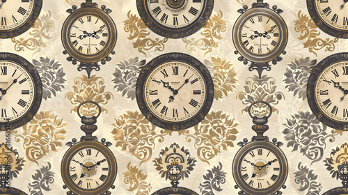 Seamless pattern of vintage clocks, timeless and elegant, repeating motif