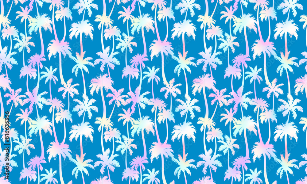 Palm trees pattern horizontal background. Vector holographic tropical jungle texture on blue background. Abstract foil gradient palm silhouettes summer print for wallpapers, decor, design. Palm trees pattern horizontal background. Vector holographic tropical jungle texture on blue background. Abstract foil gradient palm silhouettes summer print for wallpapers, decor, design.