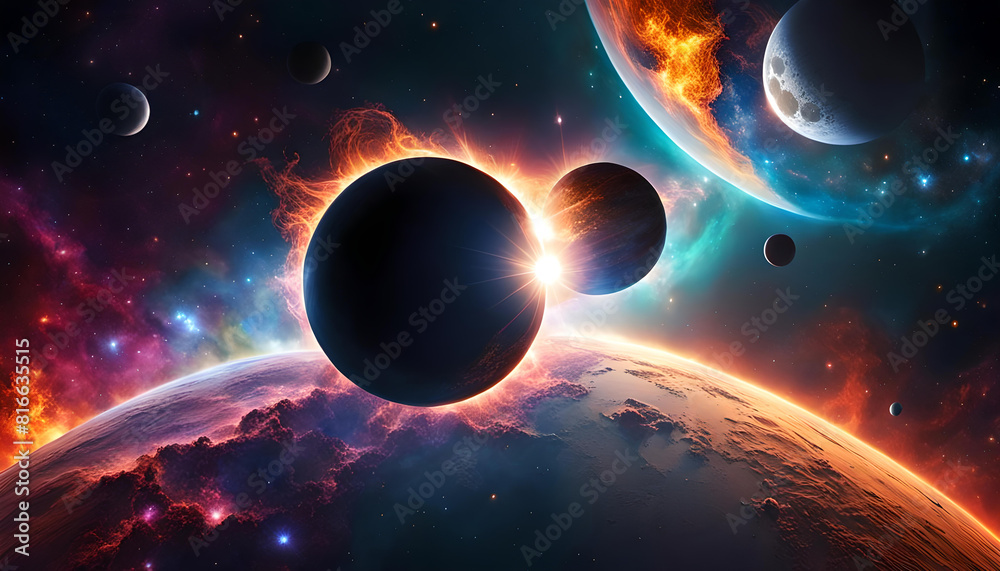 Obraz premium Eklipse gelb orange wie Feuer strahlend hinter ein fernen Sonne, wie eine Explosion im Weltall ferner Galaxien bunt leuchtend mit Planeten und Monden als Hintergrund Vorlage dynamischer Entwicklung