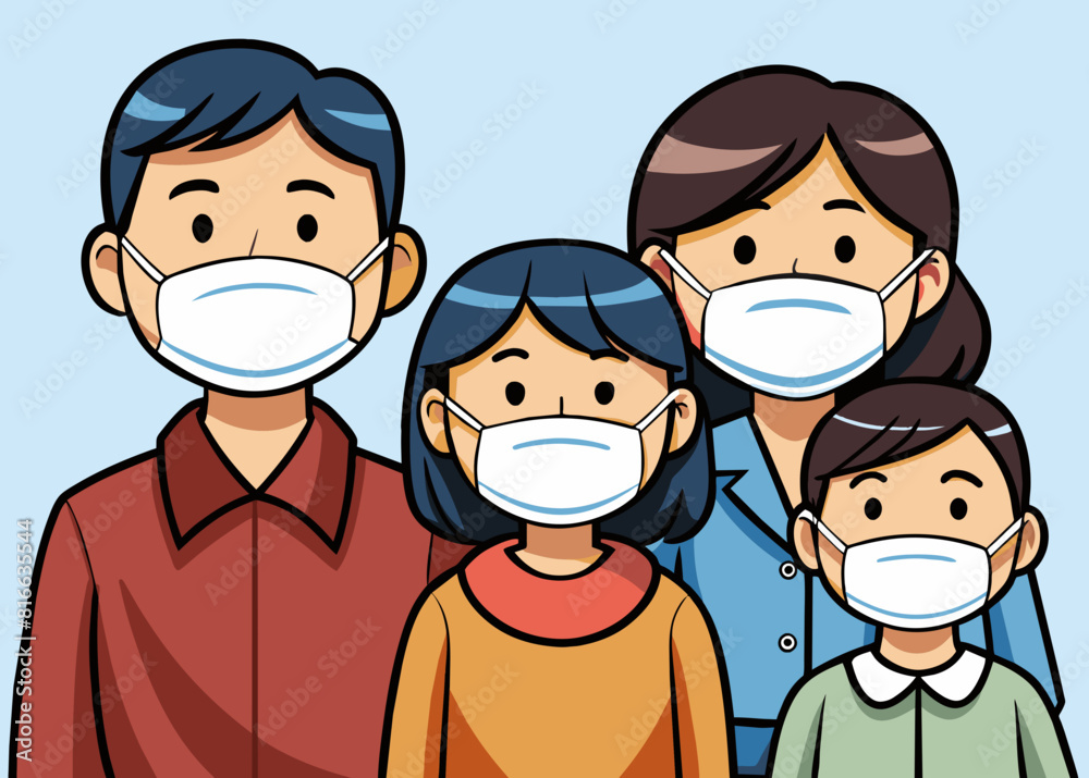 Dad Mom Daughter Son wearing a surgical mask Dad Mom Daughter Son wearing a surgical mask