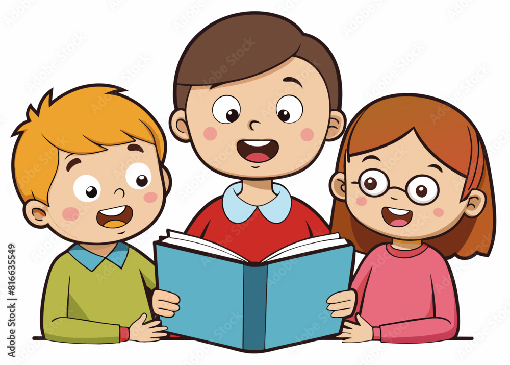 Cute cartoon kids and teacher reading book Cute cartoon kids and teacher reading book