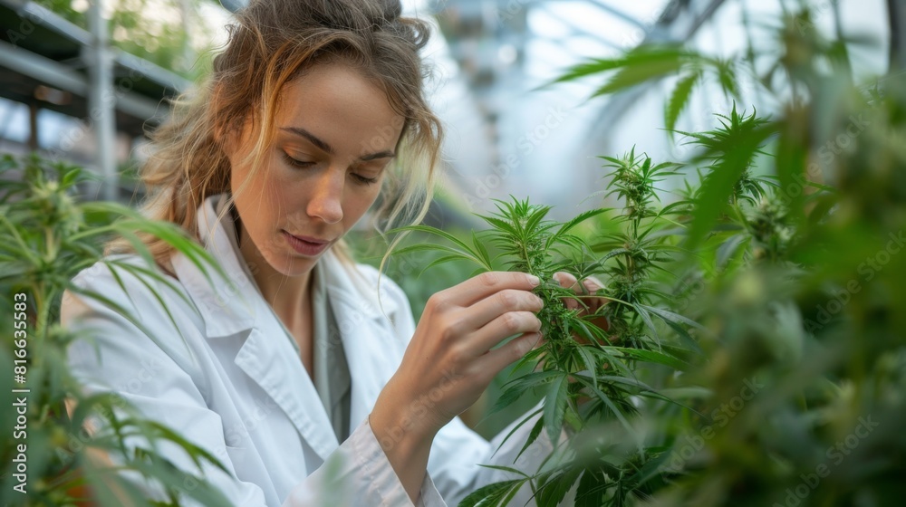 Close-up of a woman in a white lab coat adjusting the leaves of a hemp plant, with a high-tech greenhouse and irrigation systems visible behind her Close-up of a woman in a white lab coat adjusting the leaves of a hemp plant, with a high-tech greenhouse and irrigation systems visible behind her
