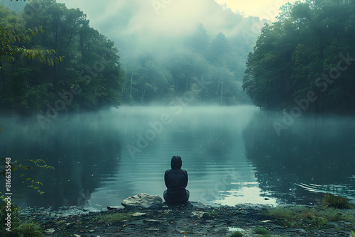 A person sitting by a lake, highlighting the therapeutic effects of nature on mental well-being. Self-reflection and healing. Mental health. photo