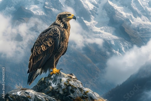 Majestic Eagle Perched on Rugged Rocky Cliff with Scenic Mountain Landscape