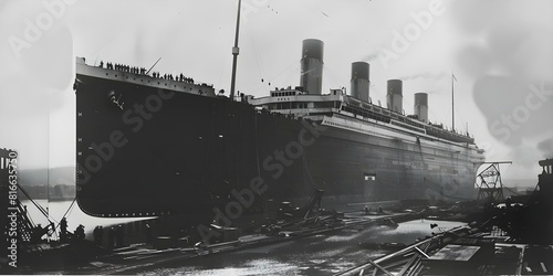 Vintage black and white photo of Titanic under construction in 1910. Concept Historical Photography, Vintage Images, Shipbuilding Industry, Historical Technology, Black and White Photography photo