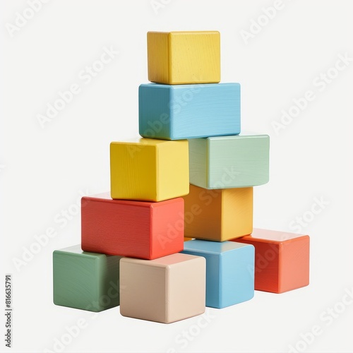 A stack of colorful wooden blocks on a white background