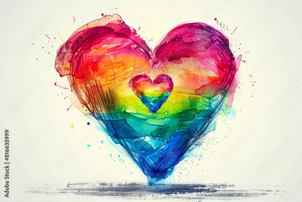 Fototapeta premium Rainbow Two brightly rainbow coloured hearts fused together in grunge style, symbolising LGBTQ+ pride and love.