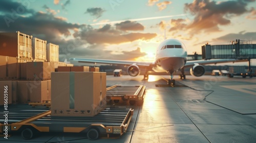 Loading of goods on board a cargo plane, airport. Business logistic concept, import and export concept