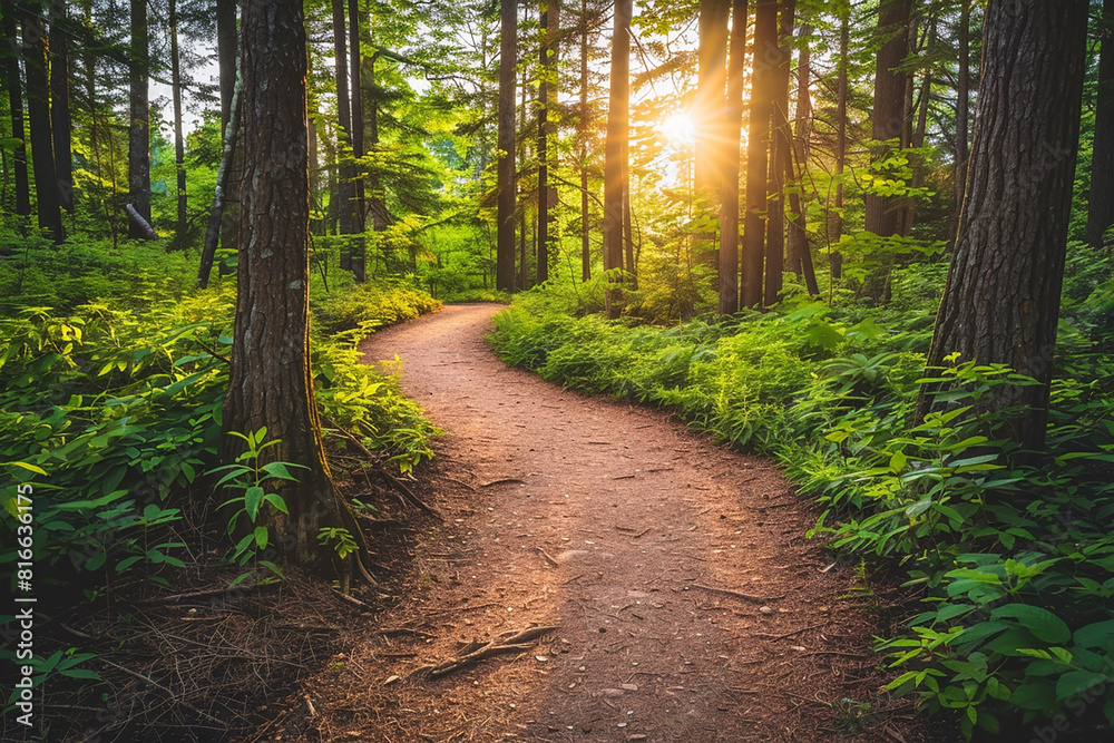 Fototapeta premium A path through a forest with a sun shining through the trees