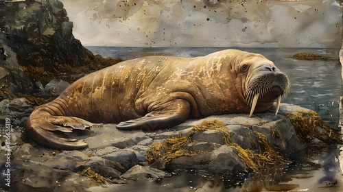 Watercolor Depiction of a Walrus Lounging on a Rocky Shore © TEERAWAT