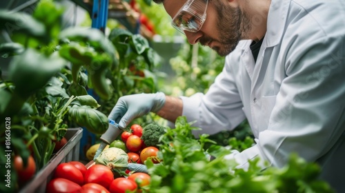 Evocative stock images portraying scientists inspecting fresh produce on an organic farm, symbolizing innovation and dedication to healthy eating.