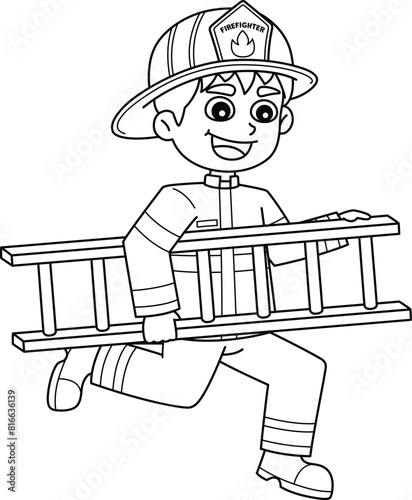 Firefighter Holding Ladder Isolated Coloring Page